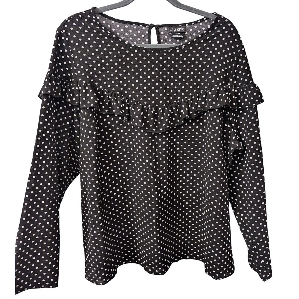 City Chic Plus 18 M Black White Polka Dot Ruffle Top Shirt Blouse Work Wear